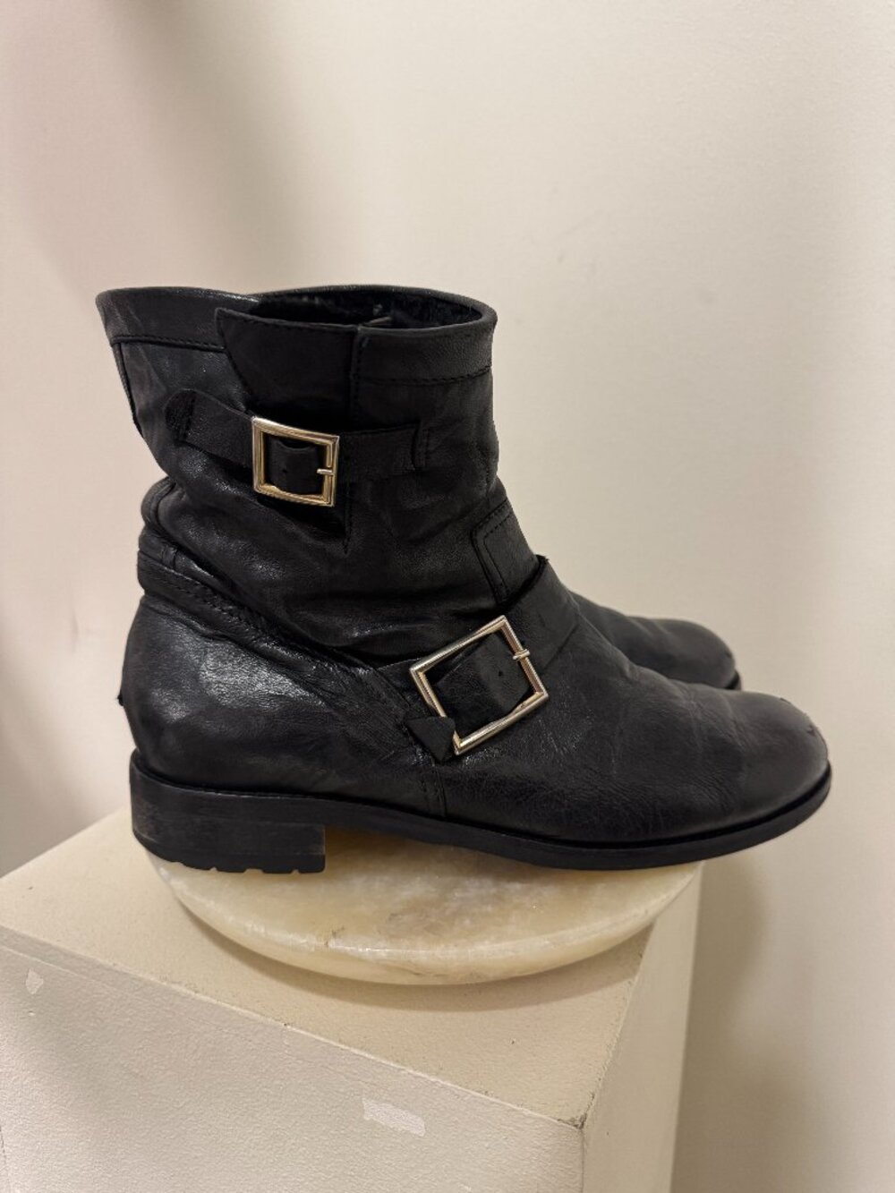 Jimmy Choo Black Crinkled Leather Biker Boots